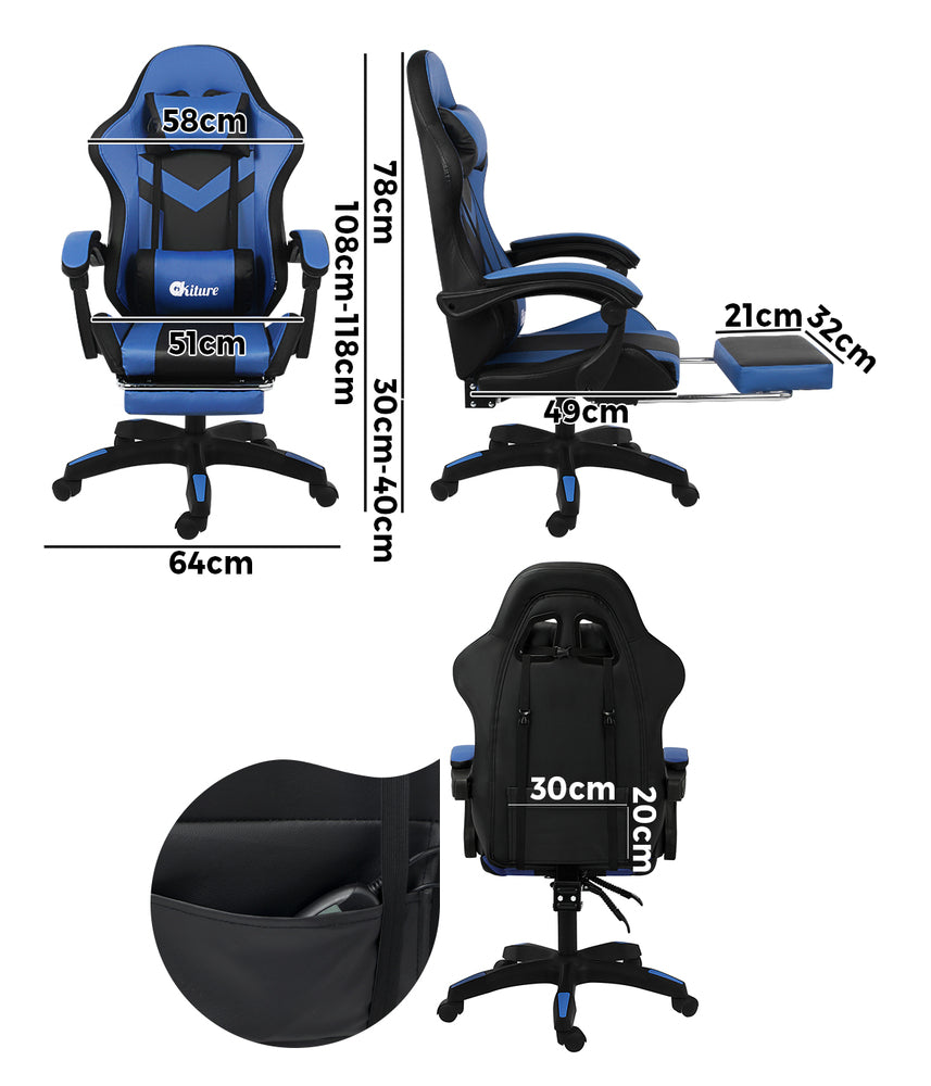 Oikiture Racing Gaming Chair 7 RGB LED 8 Points Massage Black&Blue