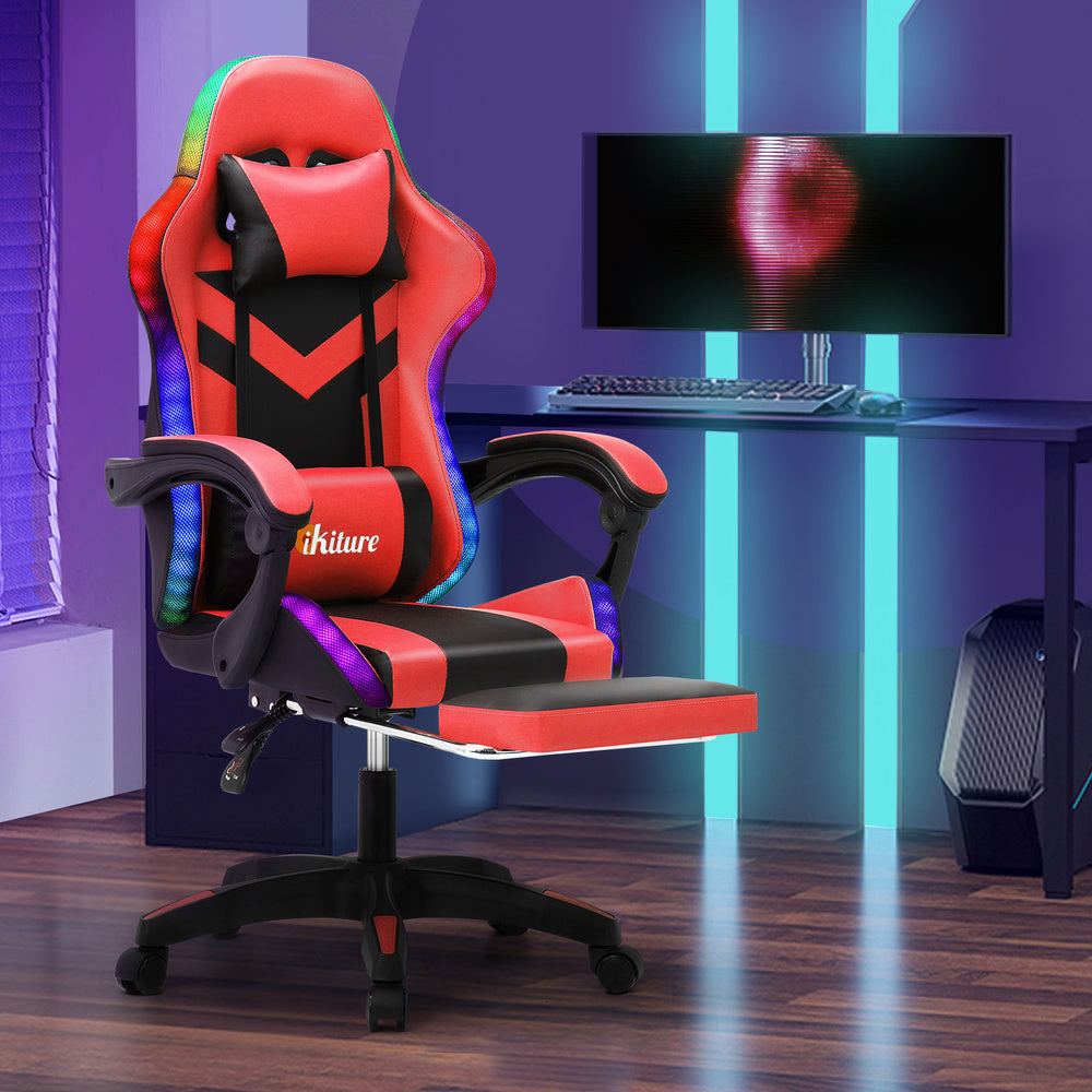 Oikiture Racing Gaming Chair 7 RGB LED 8 Points Massage Black&Red