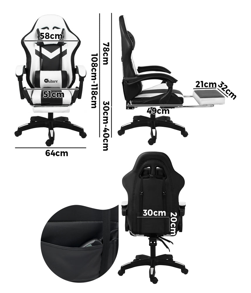 Oikiture Racing Gaming Chair 7 RGB LED 8 Points Massage Black&White