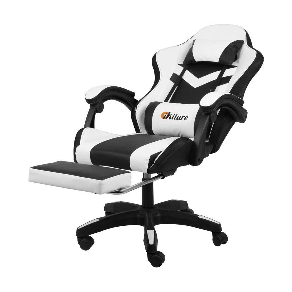 Oikiture Racing Gaming Chair 7 RGB LED 8 Points Massage Black&White