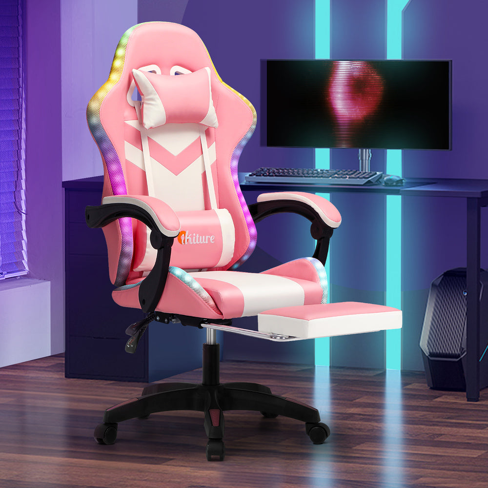 Oikiture Racing Gaming Chair 7 RGB LED 8 Points Massage Pink&White