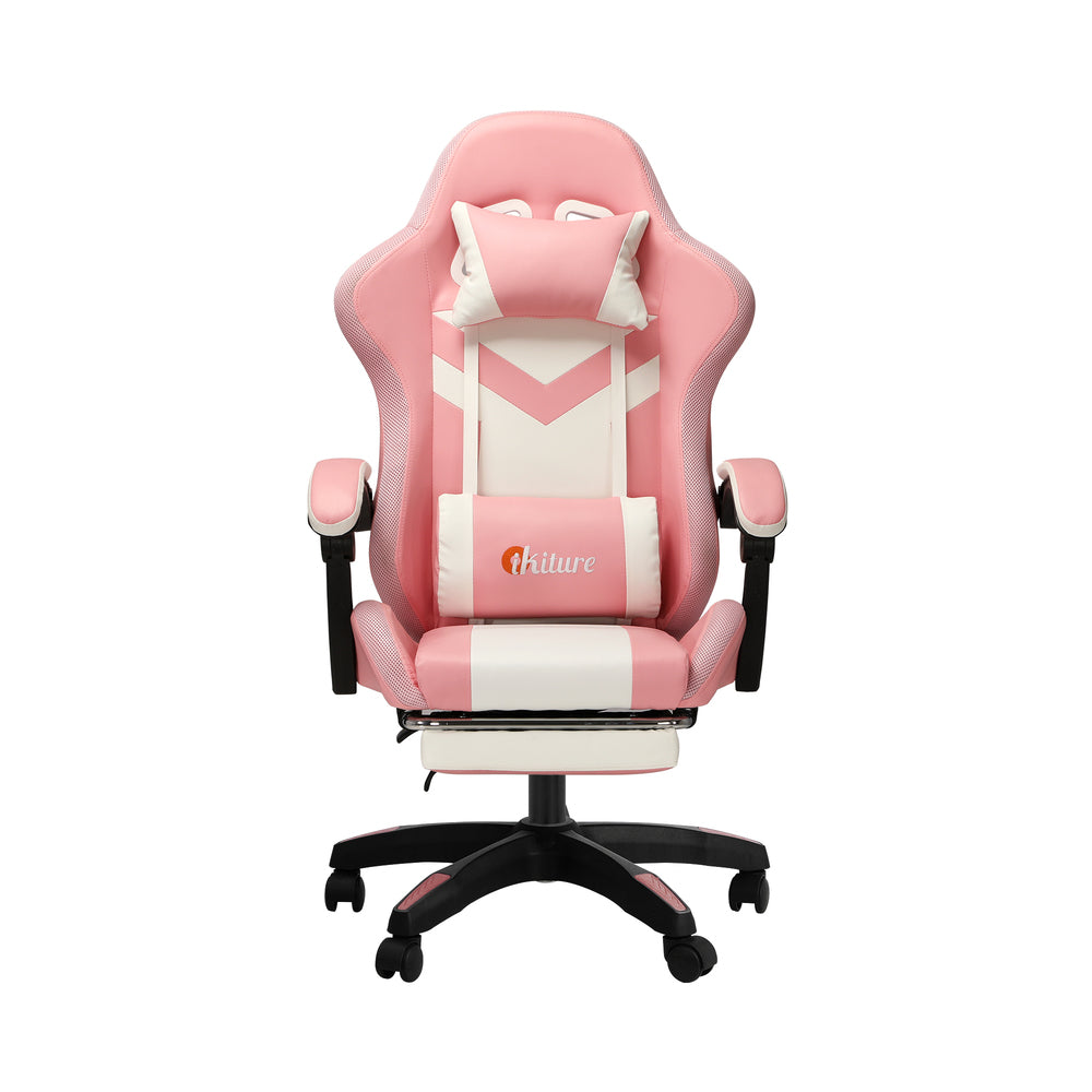 Oikiture Racing Gaming Chair 7 RGB LED 8 Points Massage Pink&White
