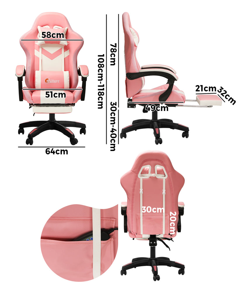 Oikiture Racing Gaming Chair 7 RGB LED 8 Points Massage Pink&White