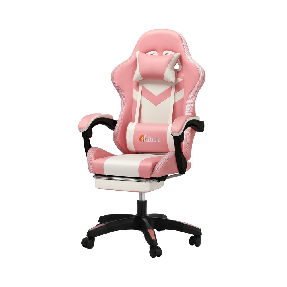 Oikiture Racing Gaming Chair 7 RGB LED 8 Points Massage Pink&White