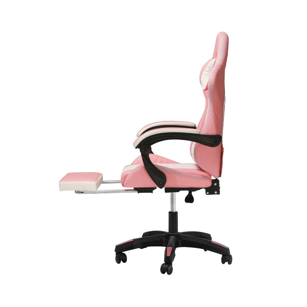 Oikiture Racing Gaming Chair 7 RGB LED 8 Points Massage Pink&White