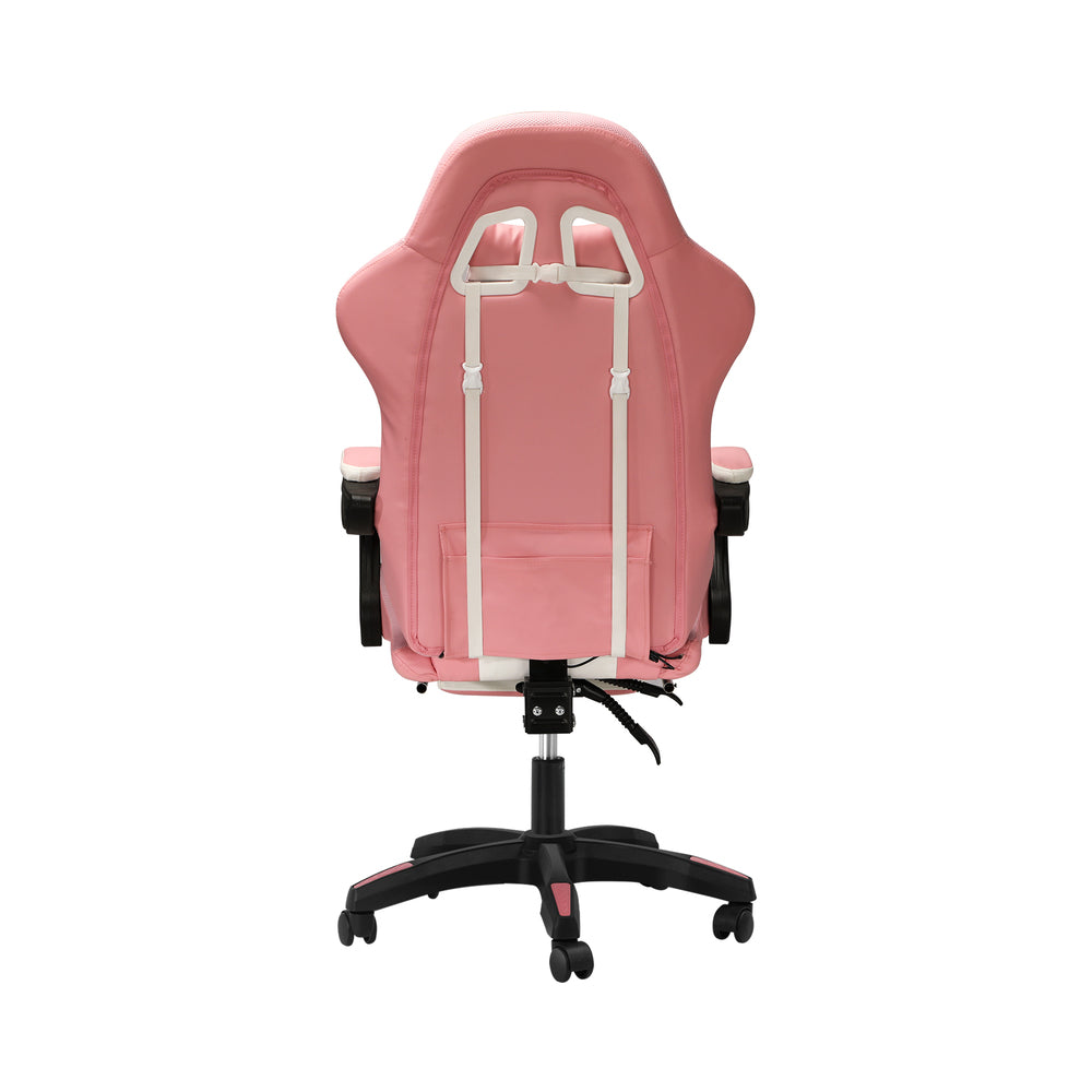 Oikiture Racing Gaming Chair 7 RGB LED 8 Points Massage Pink&White