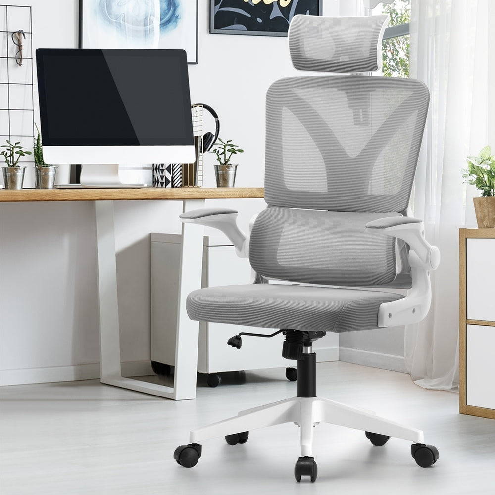 Oikiture Mesh Office Chair D-Shape Back Support White