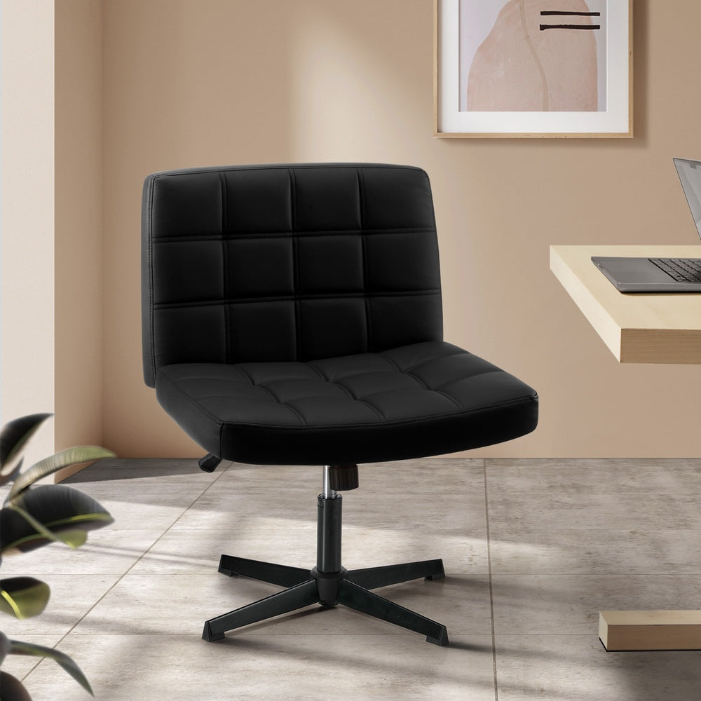 Oikiture Mid Back Office Chair Wide Seat Leather Black No Wheels