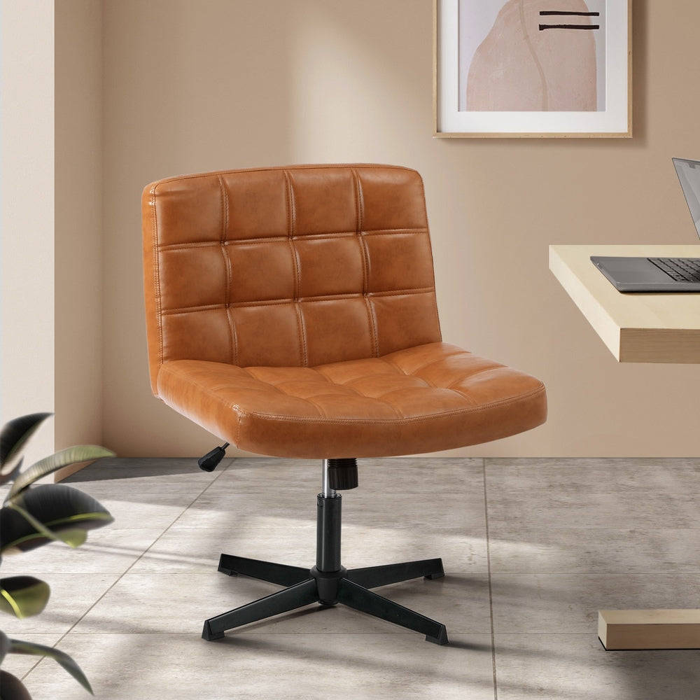 Oikiture Mid Back Office Chair Wide Seat Leather Brown No Wheels