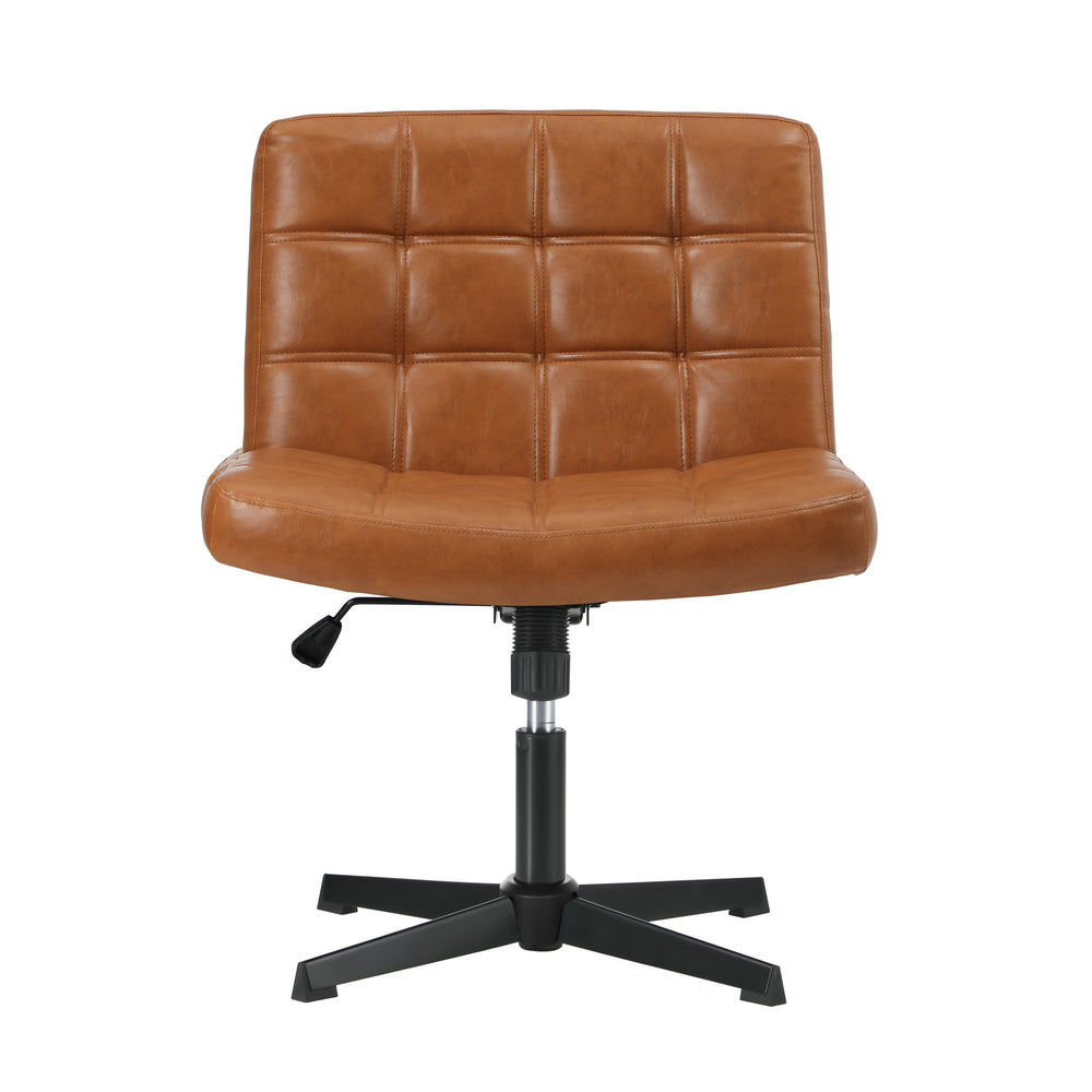 Oikiture Mid Back Office Chair Wide Seat Leather Brown No Wheels