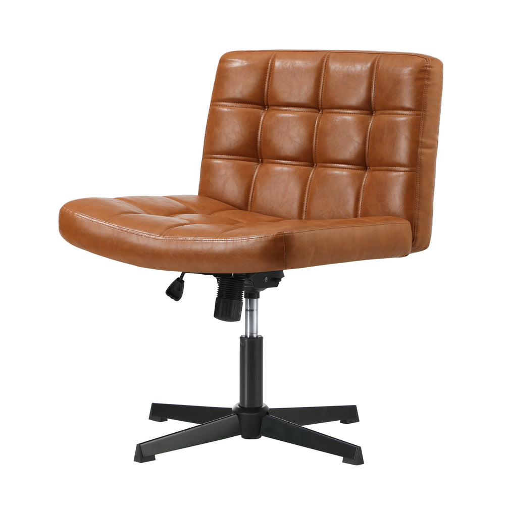 Oikiture Mid Back Office Chair Wide Seat Leather Brown No Wheels