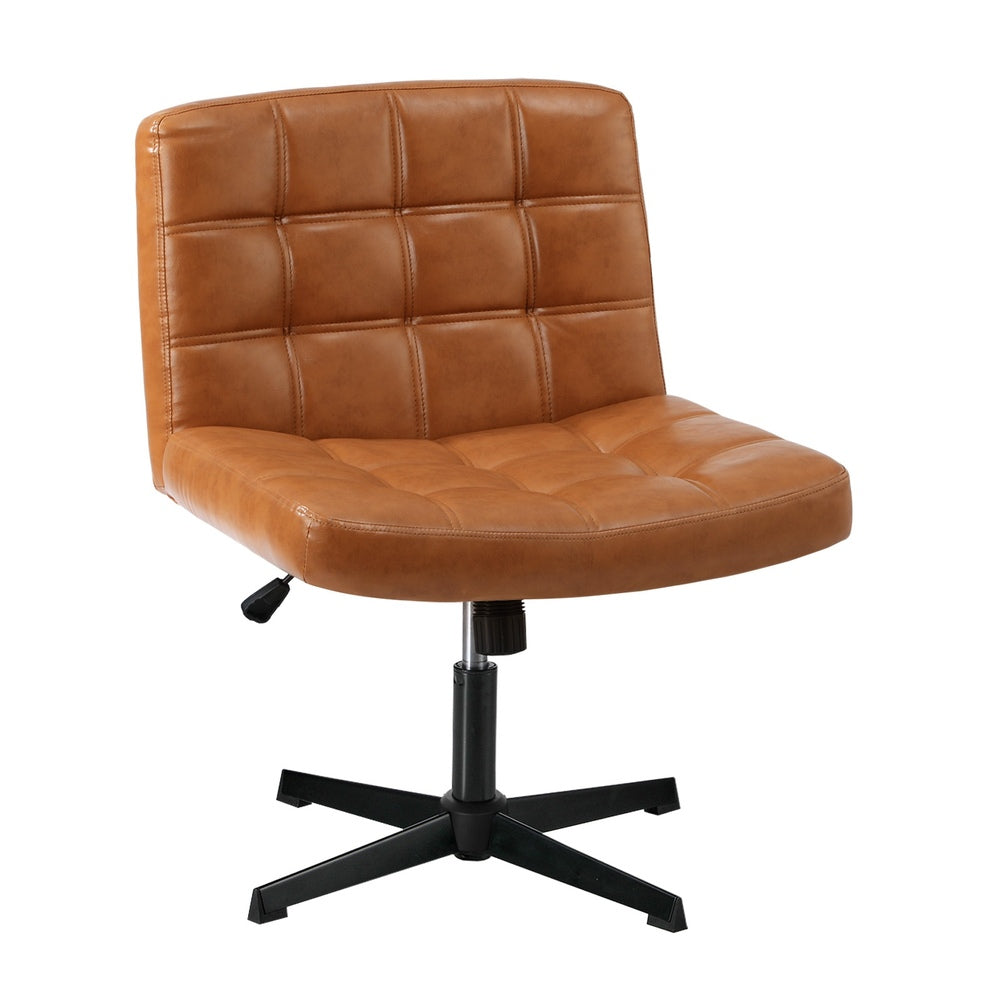 Oikiture Mid Back Office Chair Wide Seat Leather Brown No Wheels