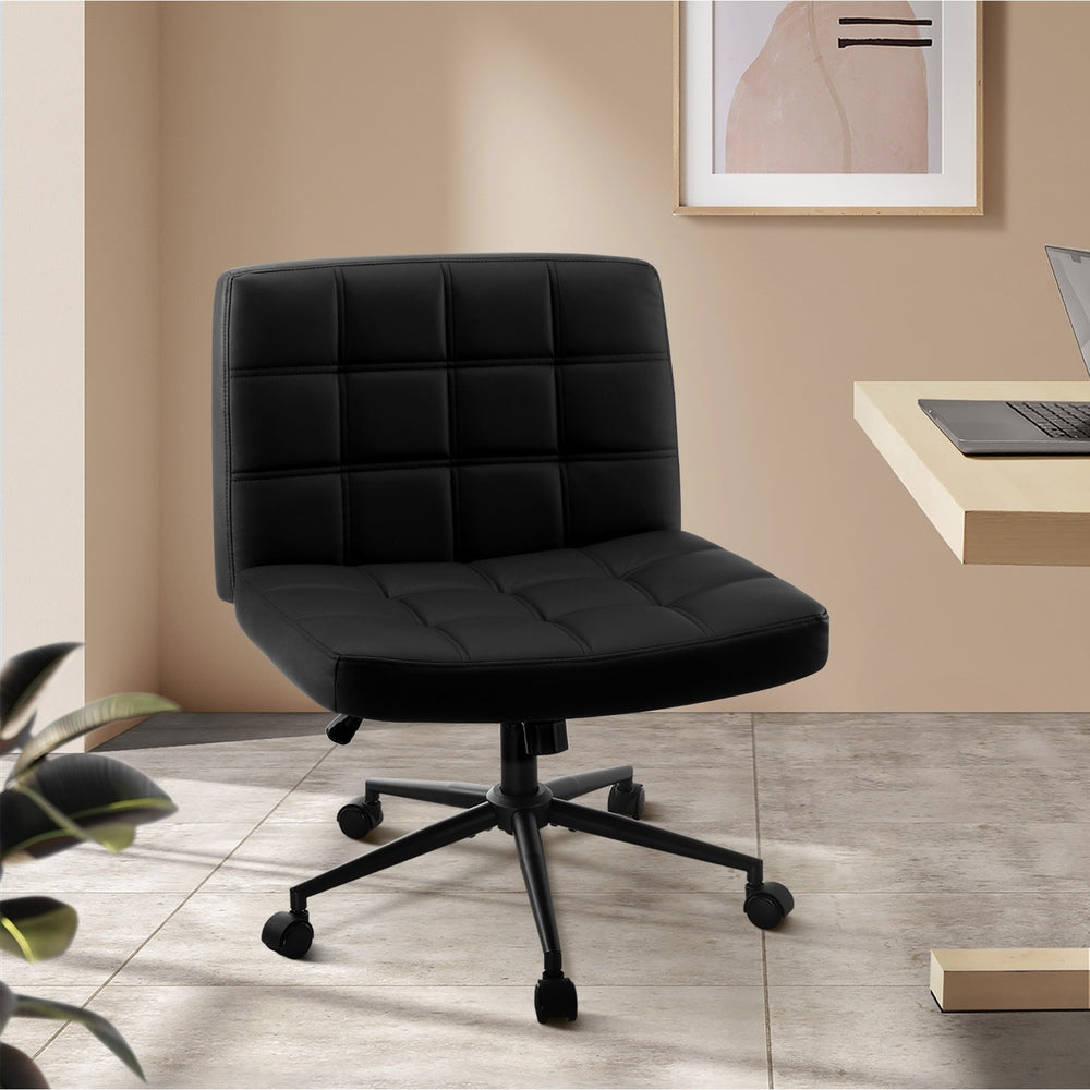Oikiture Mid Back Office Chair Wide Seat PU Leather Black w/Wheels