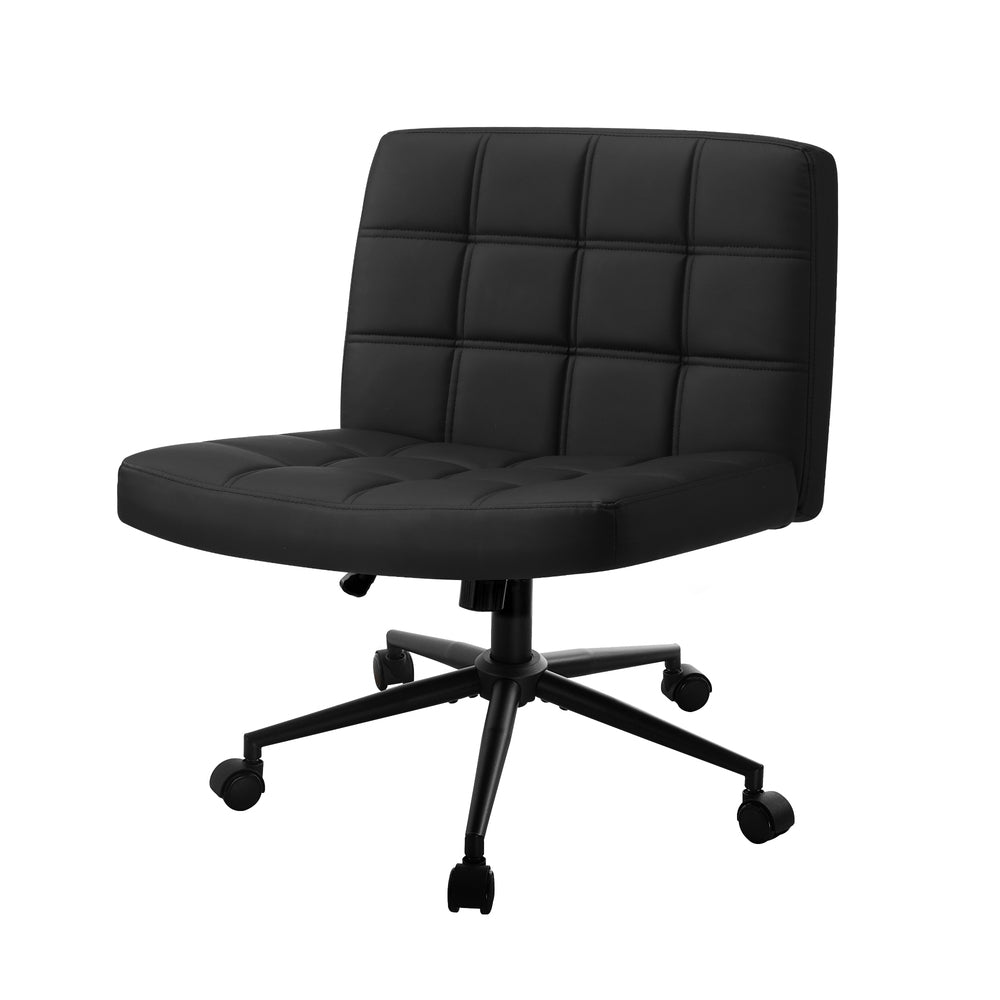 Oikiture Mid Back Office Chair Wide Seat PU Leather Black w/Wheels