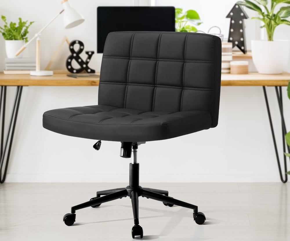 Oikiture Mid Back Office Chair Wide Seat PU Leather Black w/Wheels