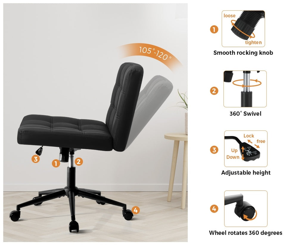 Oikiture Mid Back Office Chair Wide Seat PU Leather Black w/Wheels