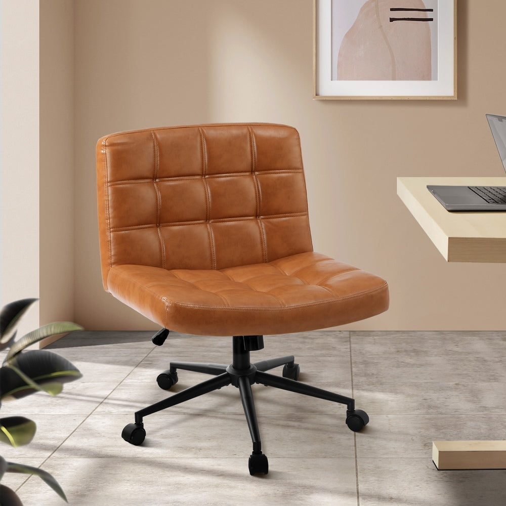 Oikiture Mid Back Office Chair Wide Seat PU Leather Brown w/Wheels