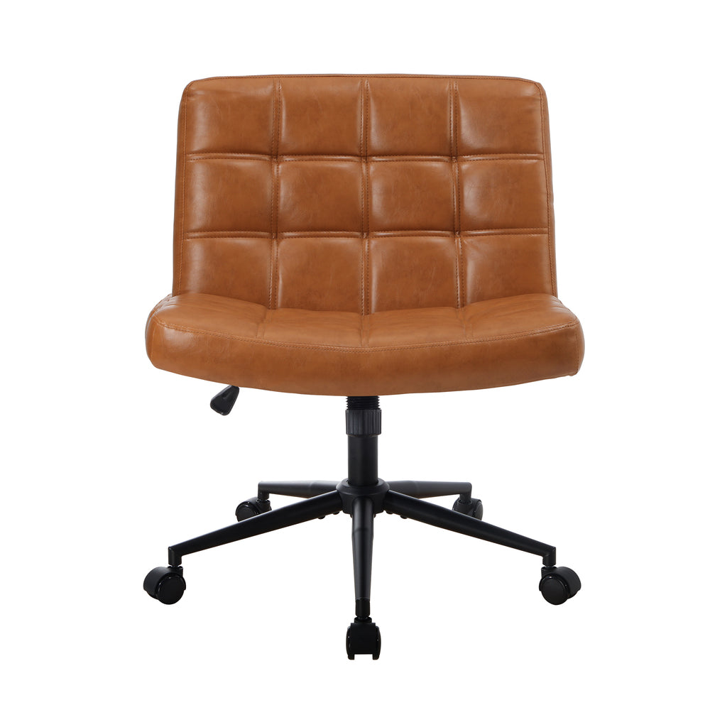 Oikiture Mid Back Office Chair Wide Seat PU Leather Brown w/Wheels