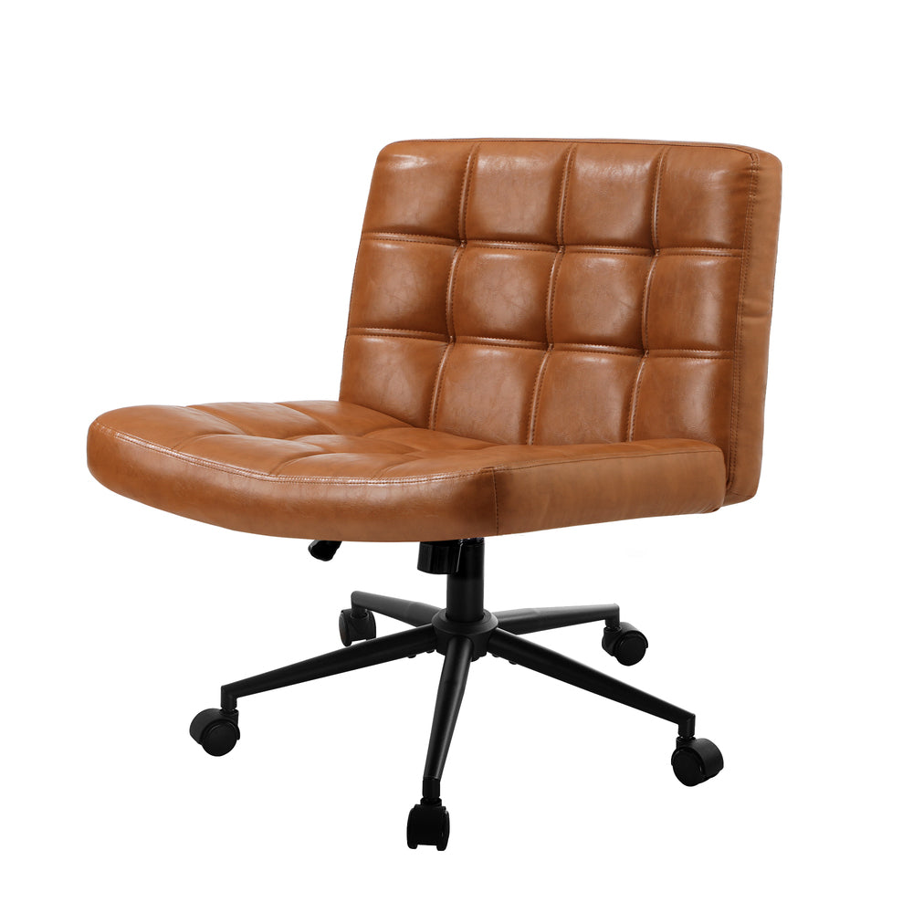 Oikiture Mid Back Office Chair Wide Seat PU Leather Brown w/Wheels