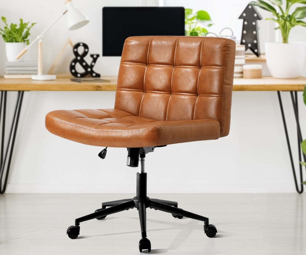 Oikiture Mid Back Office Chair Wide Seat PU Leather Brown w/Wheels