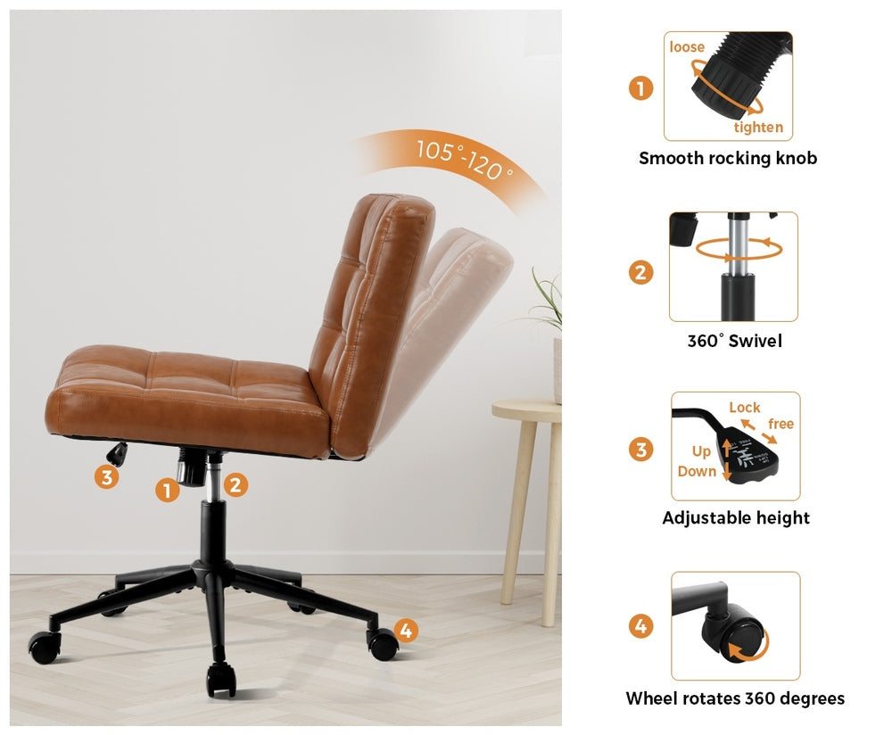 Oikiture Mid Back Office Chair Wide Seat PU Leather Brown w/Wheels