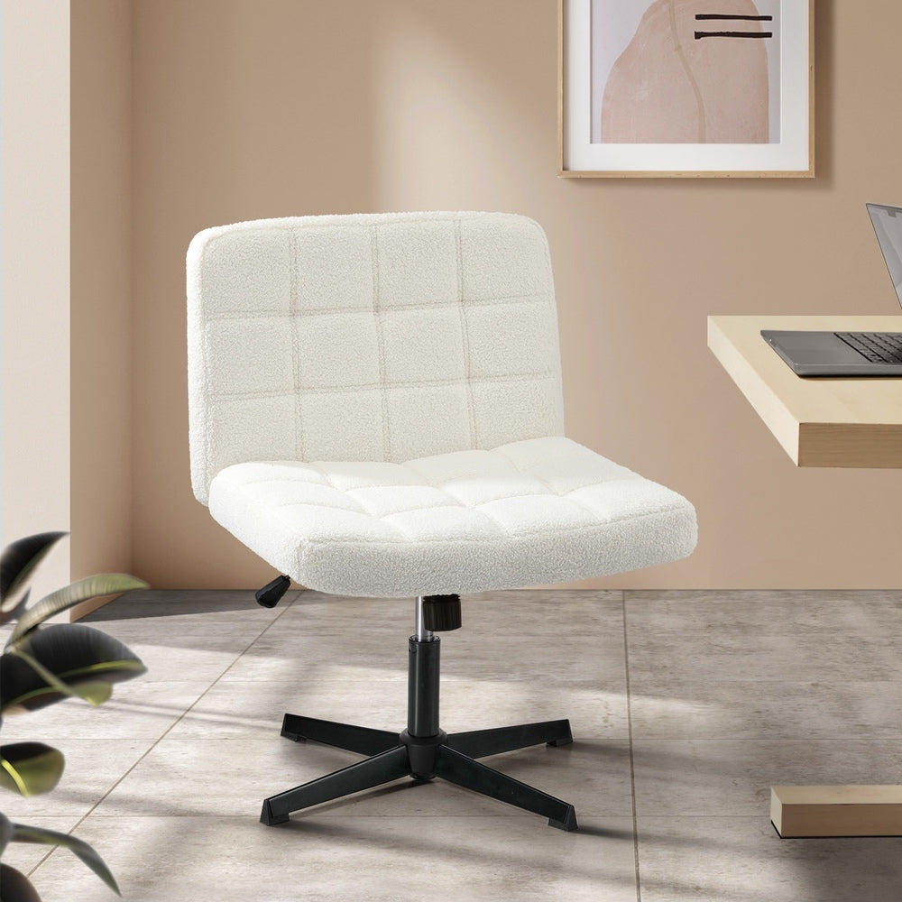 Oikiture Mid Back Office Chair Wide Seat Boucle White No Wheels