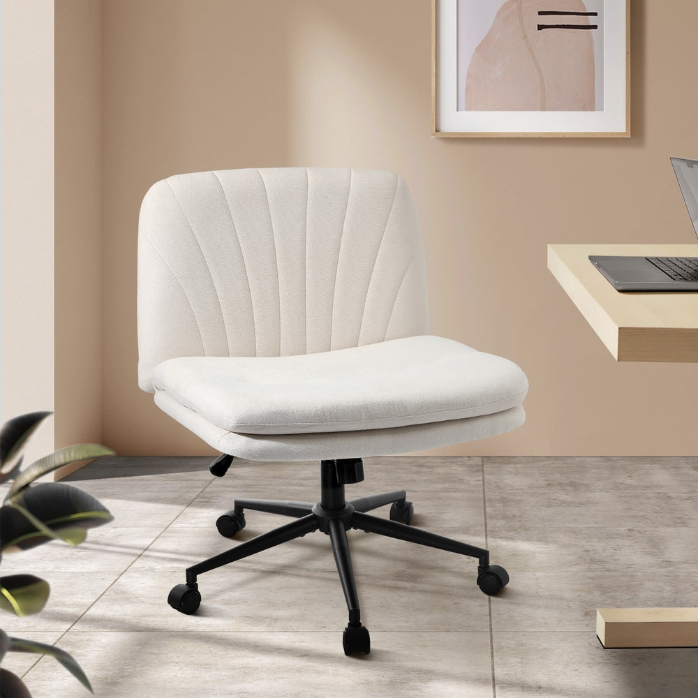 Oikiture Armless Office Chair Wide Seat Linen with Wheels Beige