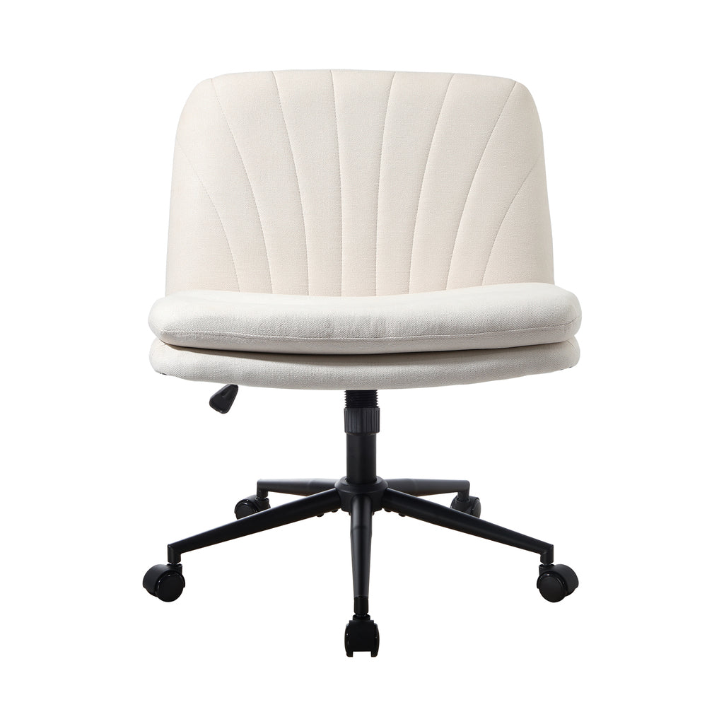 Oikiture Armless Office Chair Wide Seat Linen with Wheels Beige