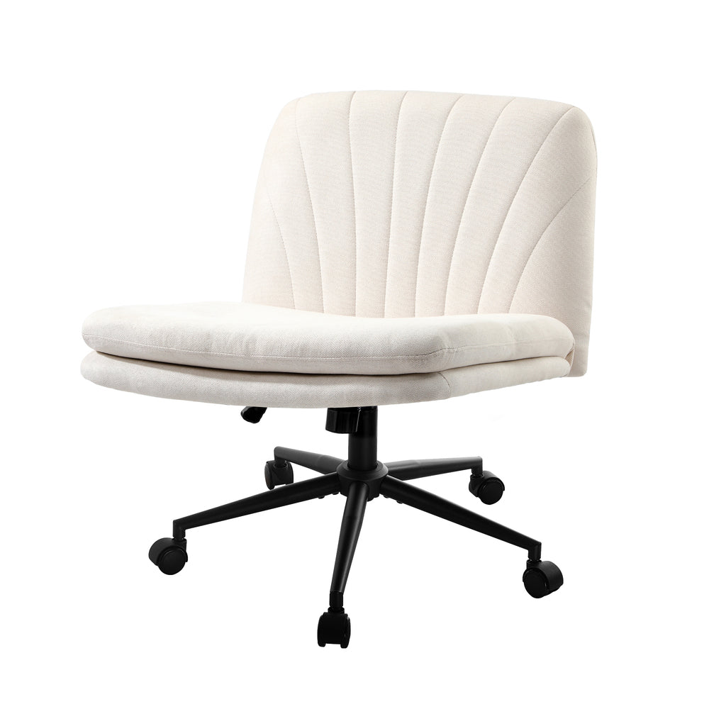 Oikiture Armless Office Chair Wide Seat Linen with Wheels Beige