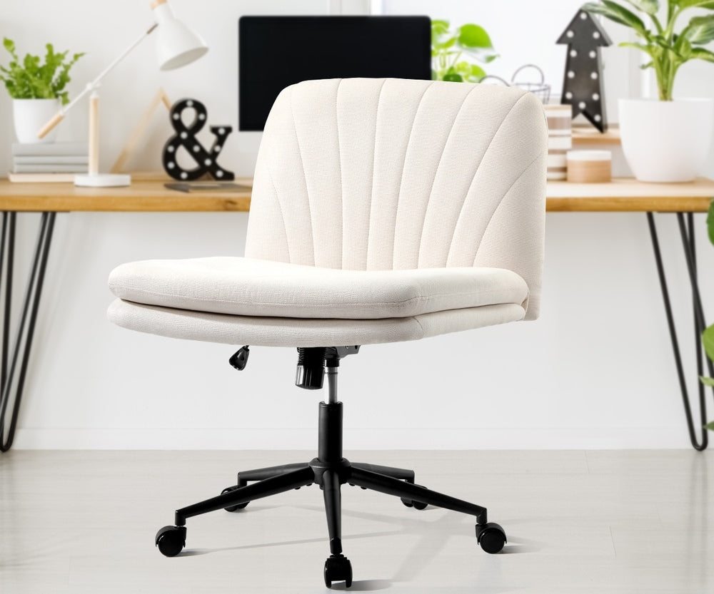 Oikiture Armless Office Chair Wide Seat Linen with Wheels Beige