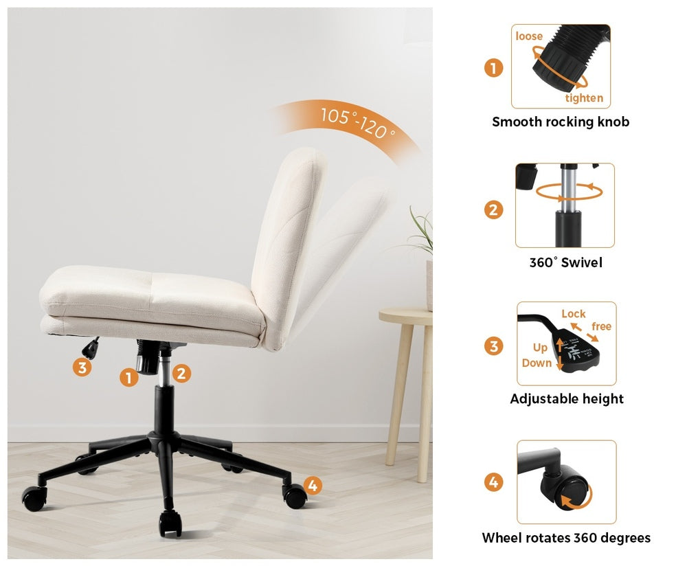 Oikiture Armless Office Chair Wide Seat Linen with Wheels Beige