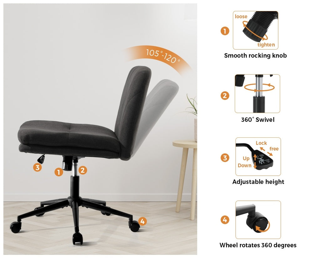 Oikiture Armless Office Chair Wide Seat Linen with Wheels Charcoal
