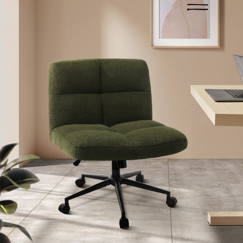 Oikiture Armless Office Chair Wide Seat with Wheels Boucle Green