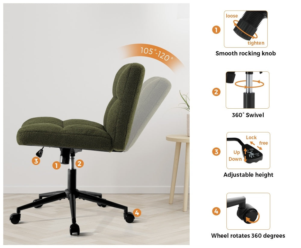Oikiture Armless Office Chair Wide Seat with Wheels Boucle Green