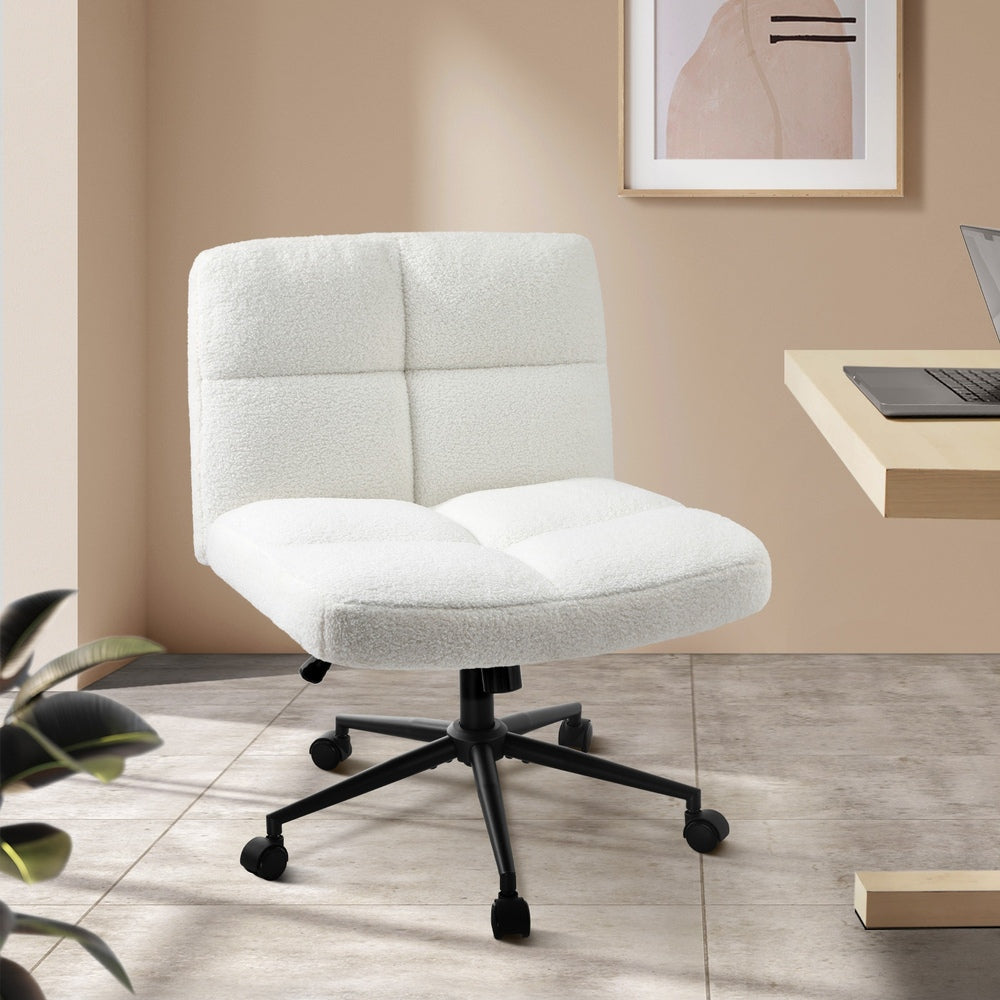 Oikiture Armless Office Chair Wide Seat with Wheels Boucle White