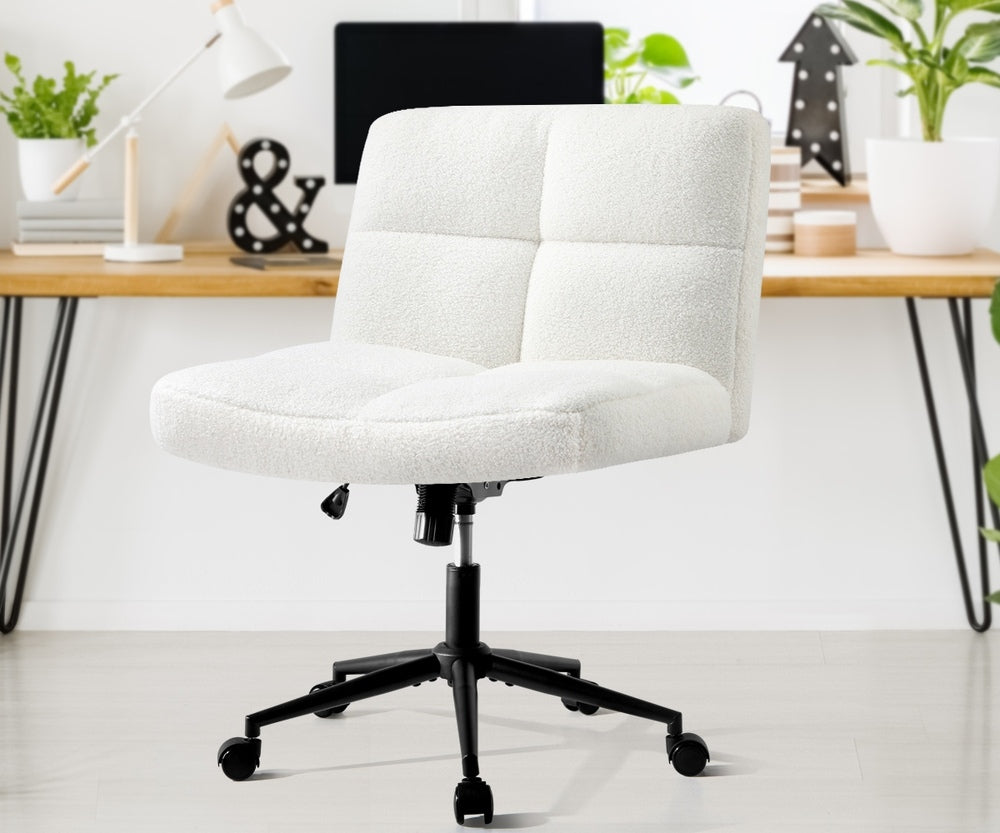 Oikiture Armless Office Chair Wide Seat with Wheels Boucle White