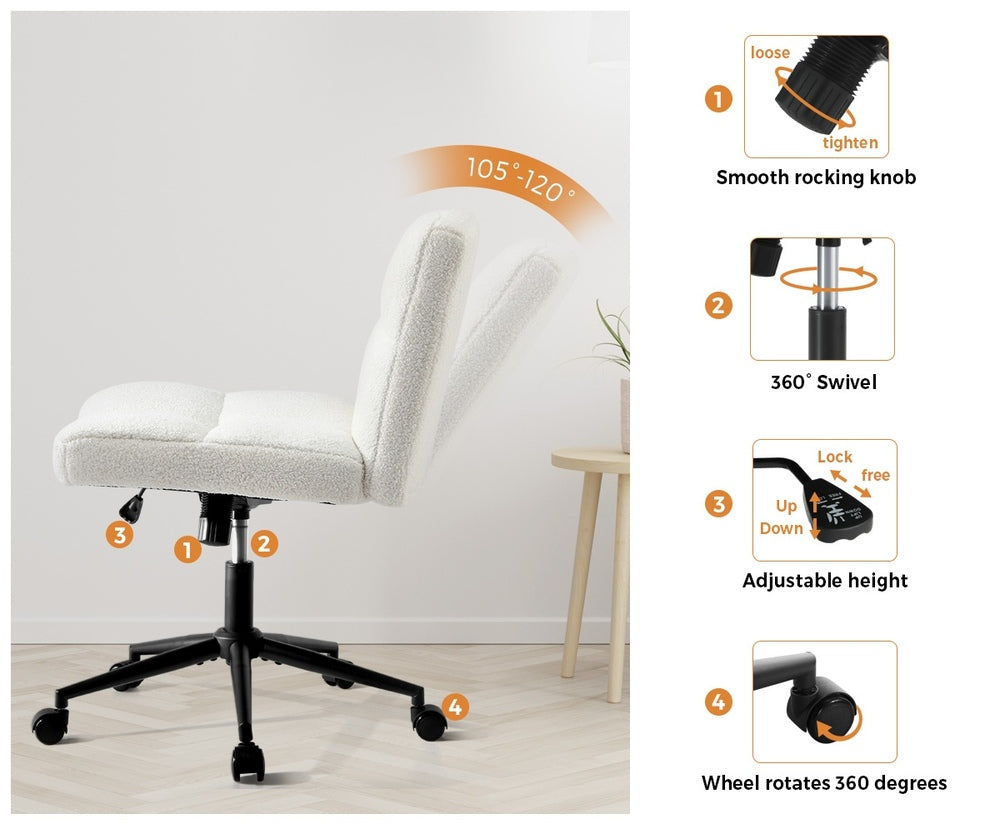 Oikiture Armless Office Chair Wide Seat with Wheels Boucle White