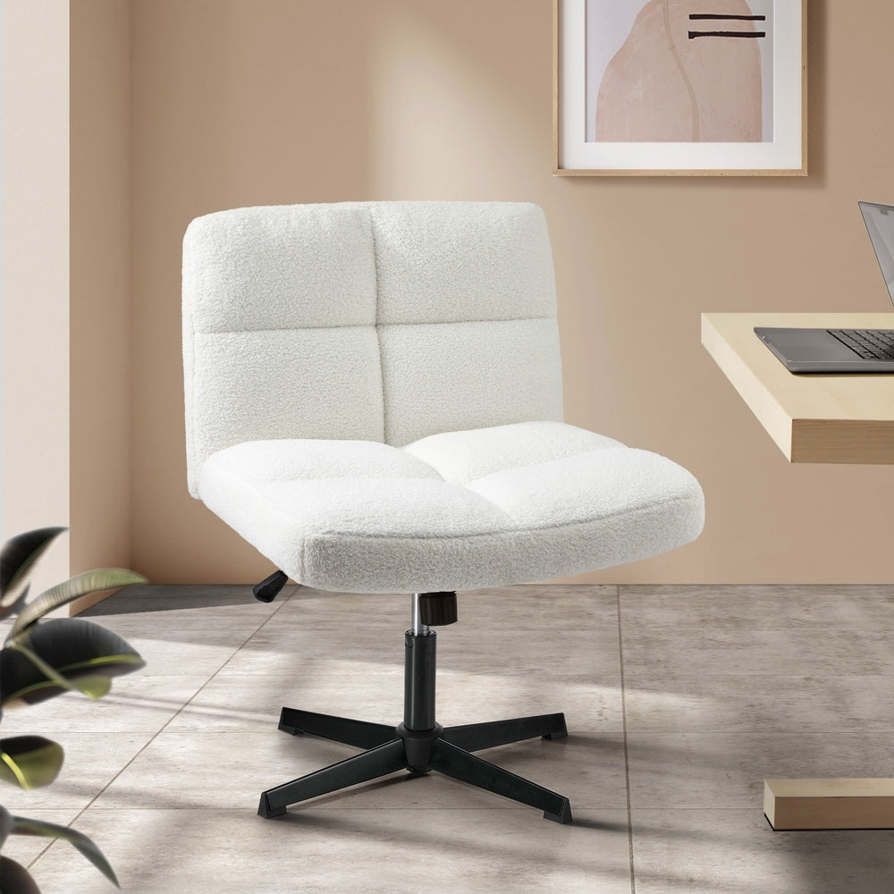 Oikiture Armless Office Chair Wide Seat No Wheels Boucle White
