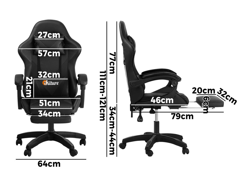 Oikiture Gaming Chair with Footrest and Massage Pillow Black