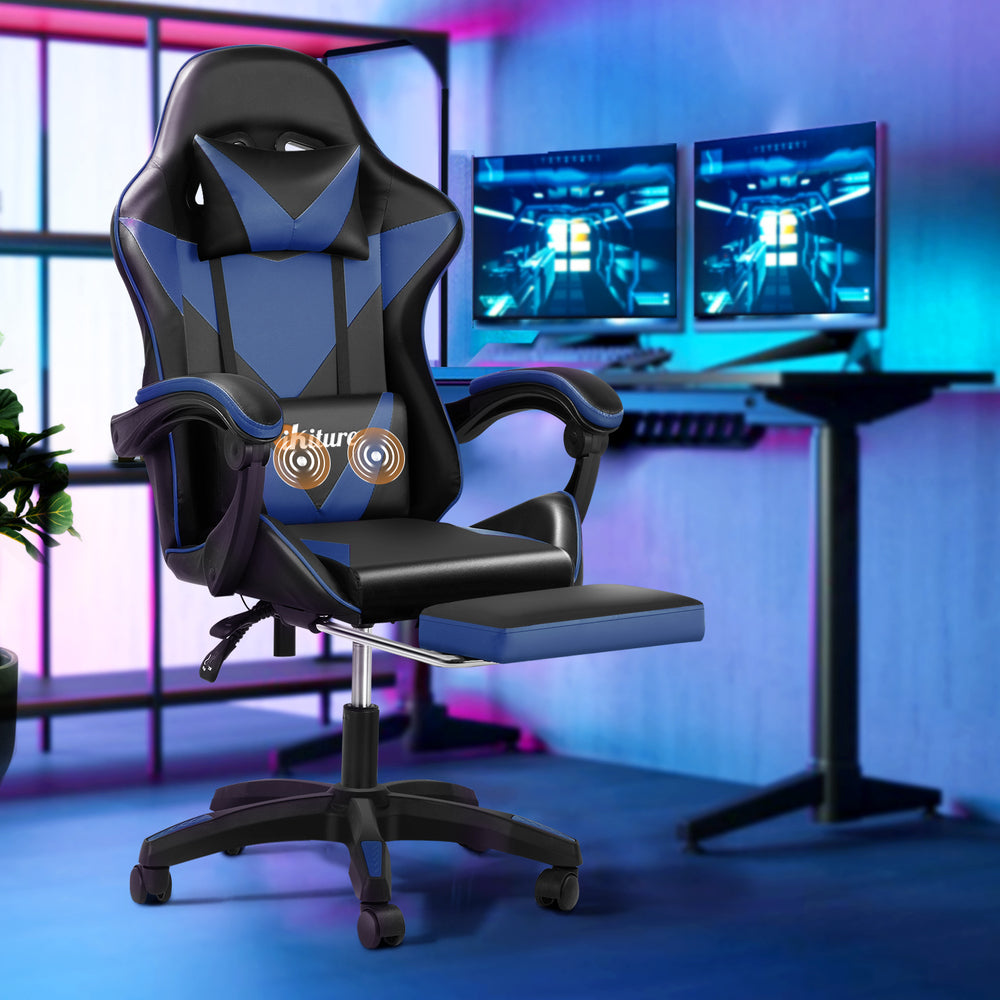 Oikiture Gaming Chair with Footrest and Massage Pillow Black&Blue