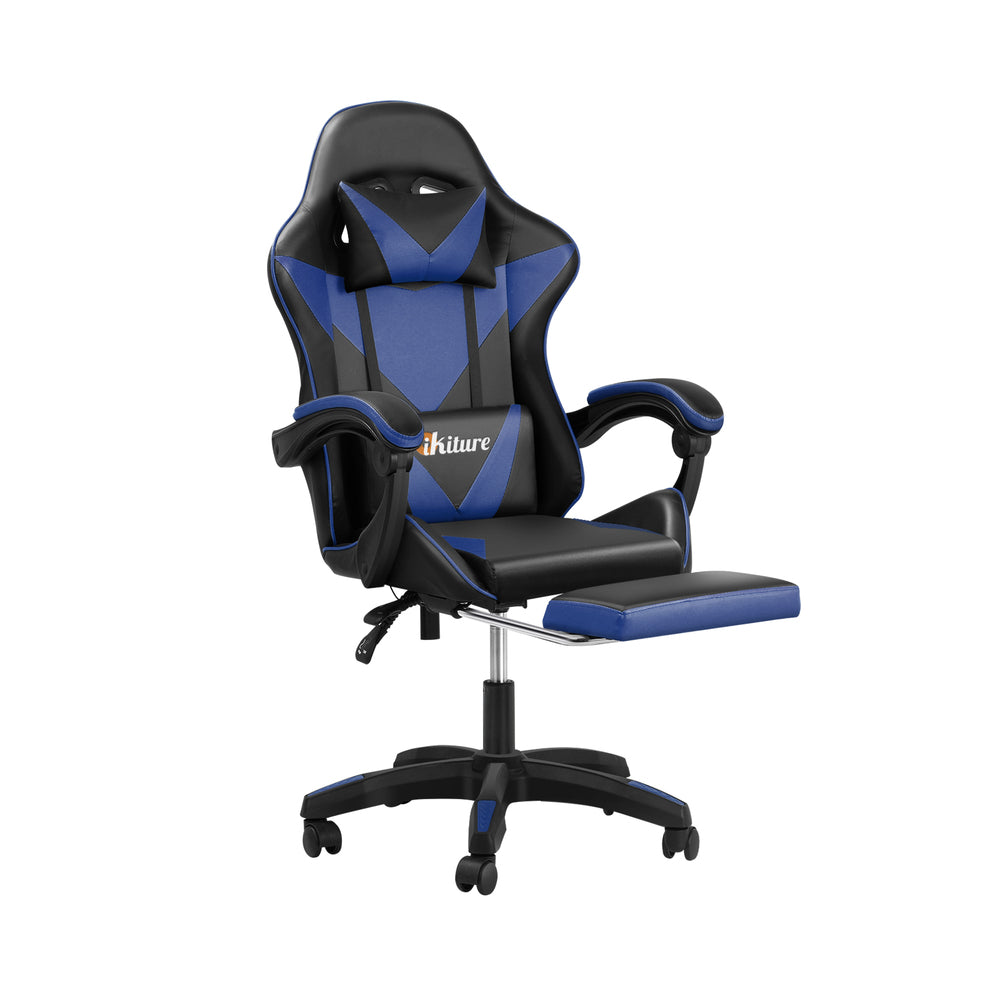 Oikiture Gaming Chair with Footrest and Massage Pillow Black&Blue