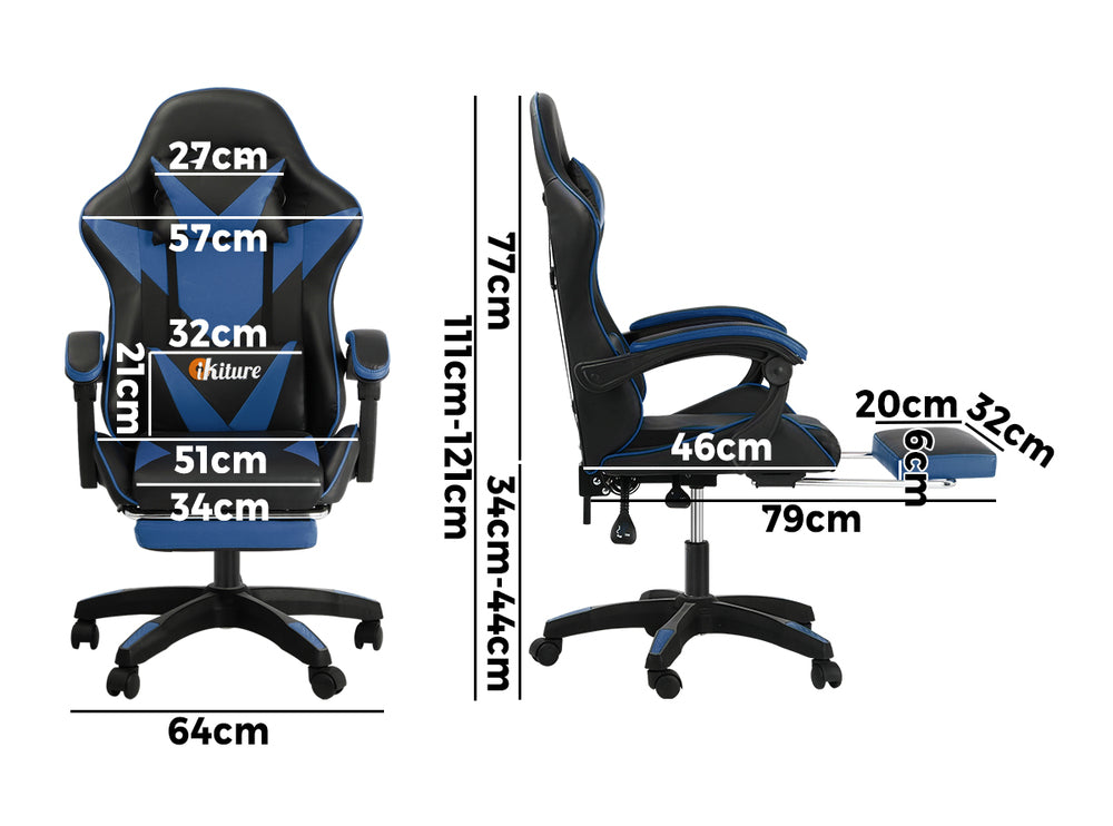 Oikiture Gaming Chair with Footrest and Massage Pillow Black&Blue