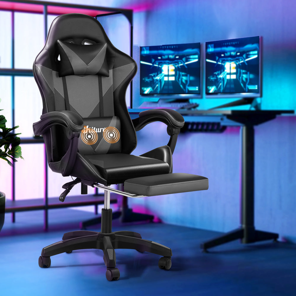Oikiture Gaming Chair with Footrest and Massage Pillow Black&Grey