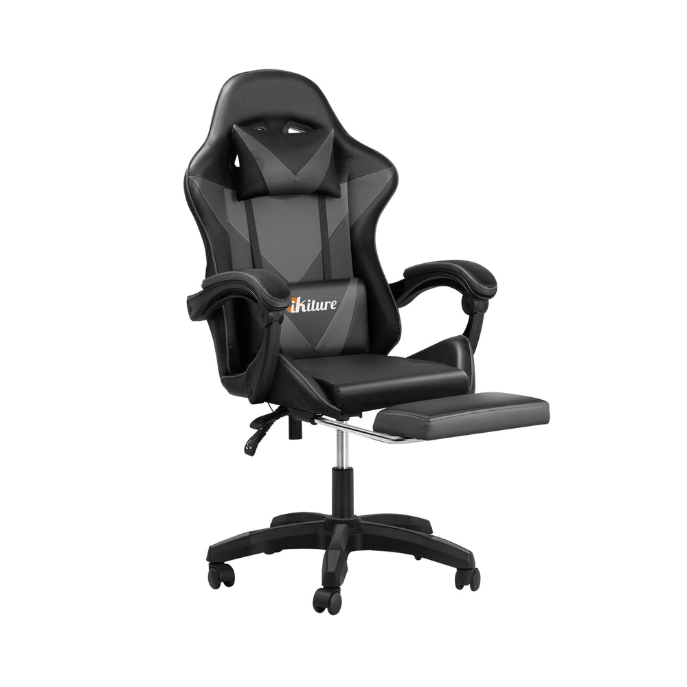 Oikiture Gaming Chair with Footrest and Massage Pillow Black&Grey