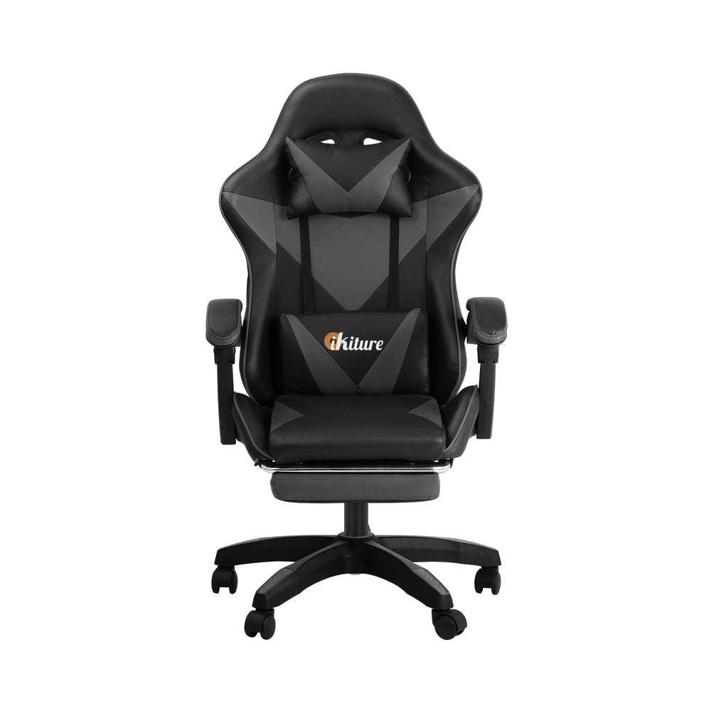 Oikiture Gaming Chair with Footrest and Massage Pillow Black&Grey