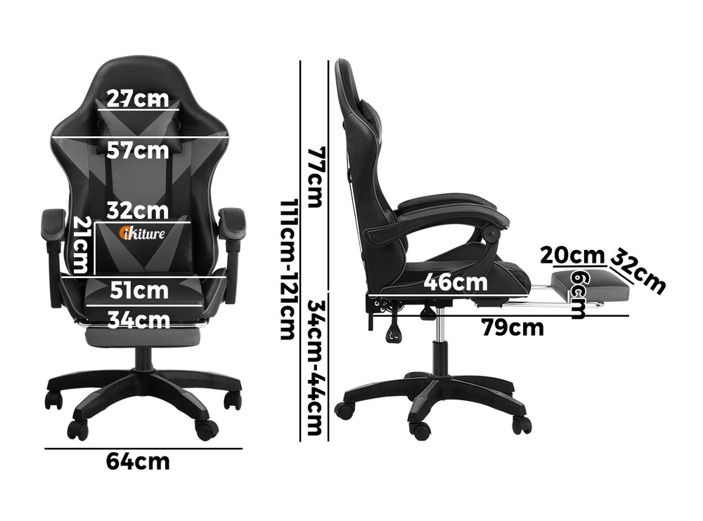 Oikiture Gaming Chair with Footrest and Massage Pillow Black&Grey