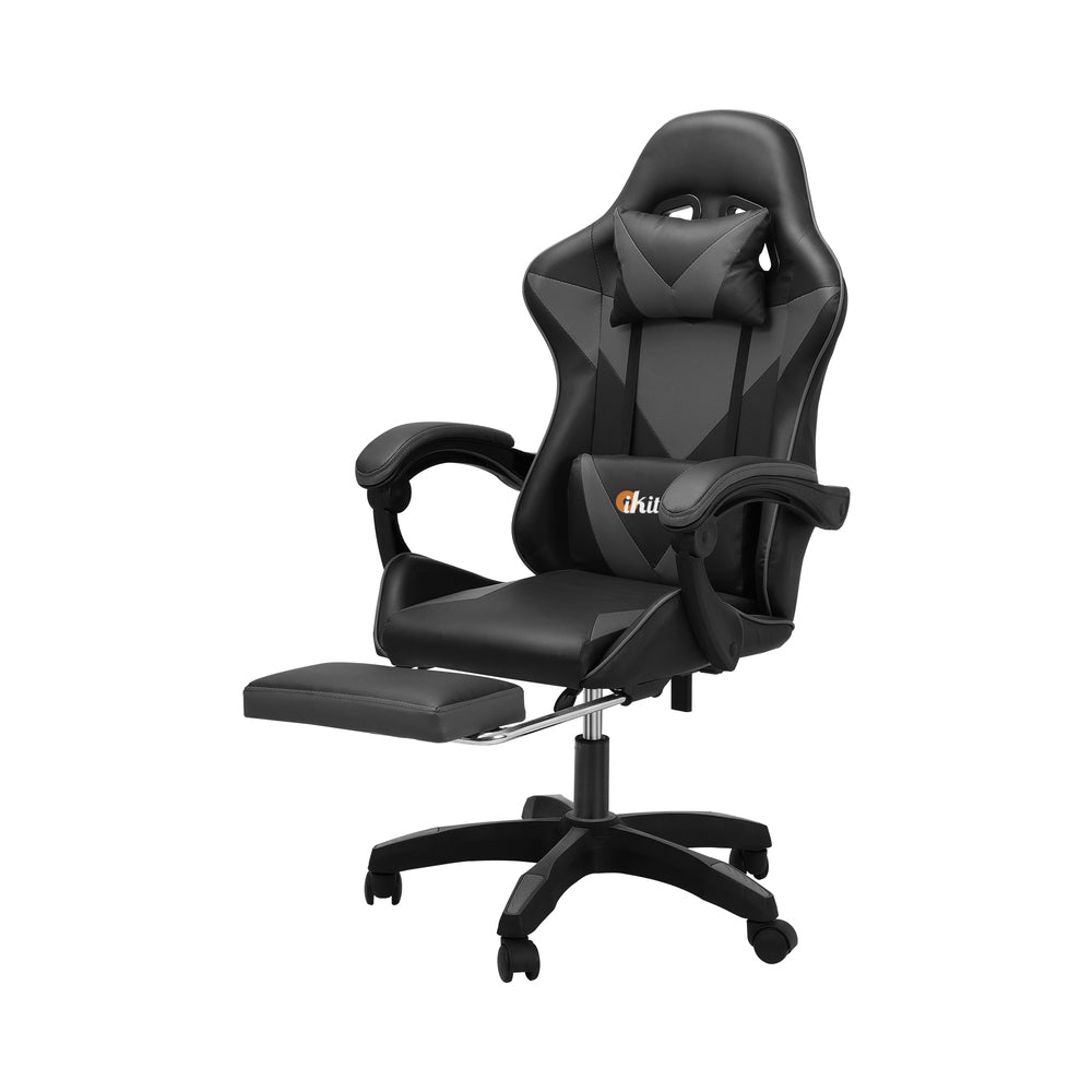 Oikiture Gaming Chair with Footrest and Massage Pillow Black&Grey