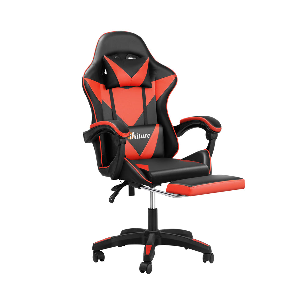 Oikiture Gaming Chair with Footrest and Massage Pillow Black&Red