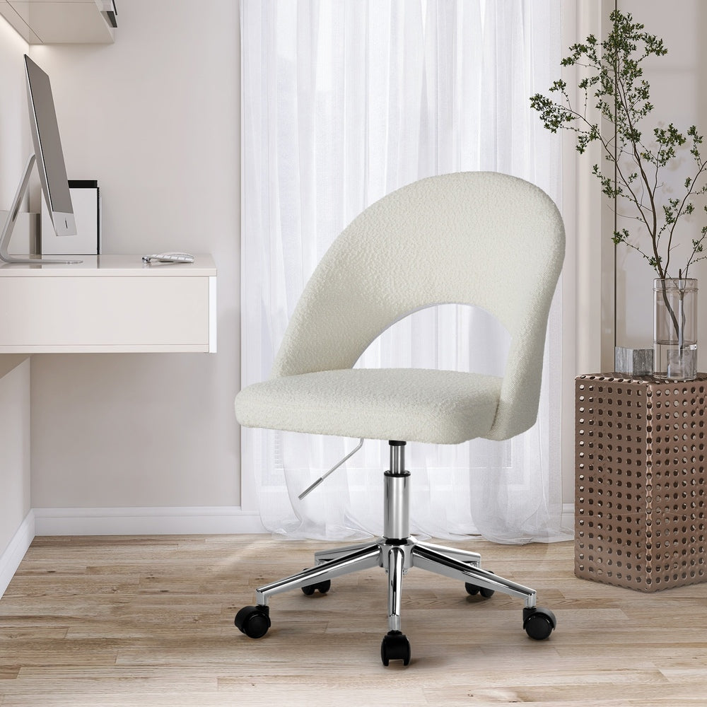 Oikiture Hollow Armless Home Office Chair Boucle White&Silver