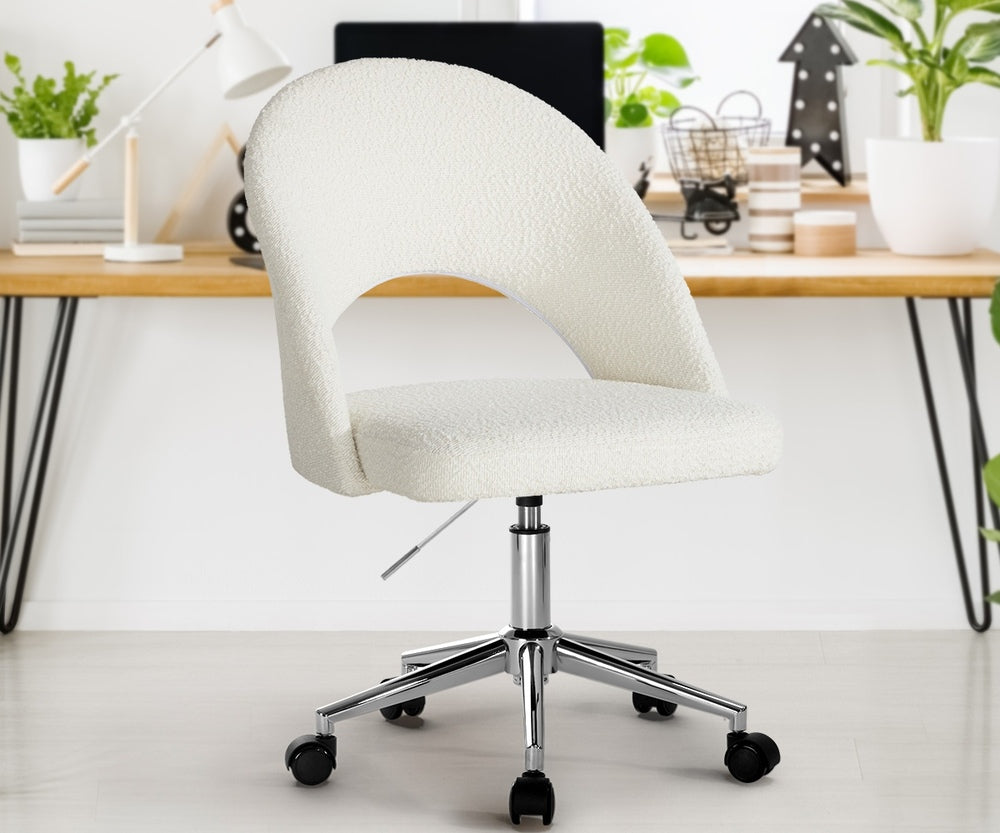 Oikiture Hollow Armless Home Office Chair Boucle White&Silver